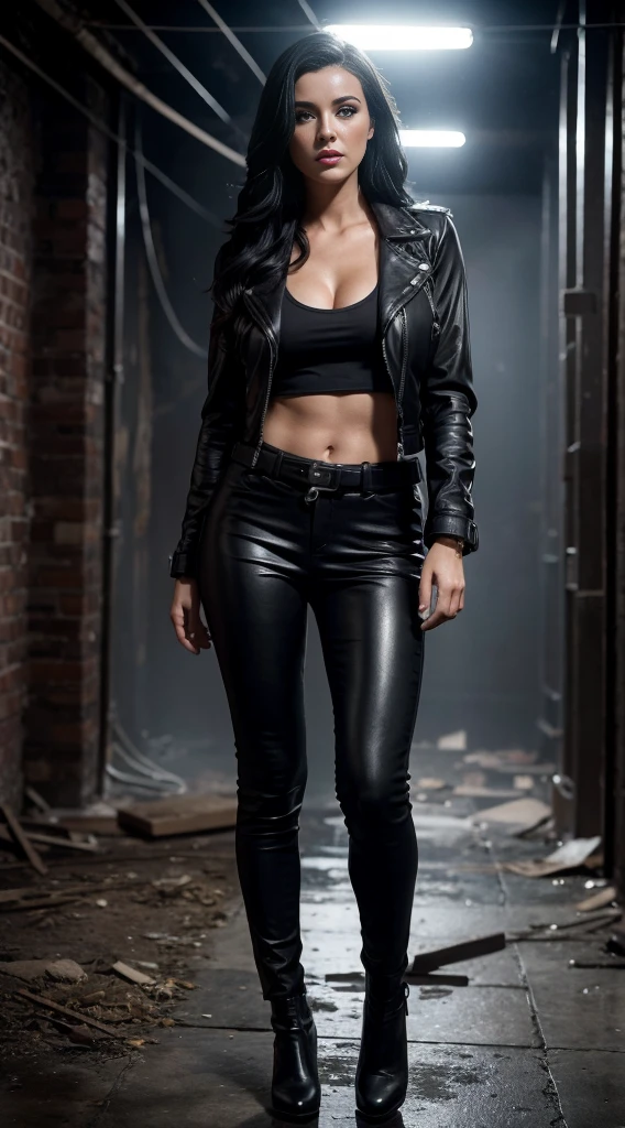 Full body shot a beautiful 25 years old British female vampire, long black hair, green eyes, red lips, muscular body, black lace transparent bra black leather jacket black leather tight pants, mid-thigh black leather boots chained to a wall in a dark basement, waist up shot, dynamic pose, ambient lighting, photo realism, intricate face detail, intricate hand details, highly detailed, vibrant colors, cinematic, high definition, trending on Artstation--style raw
