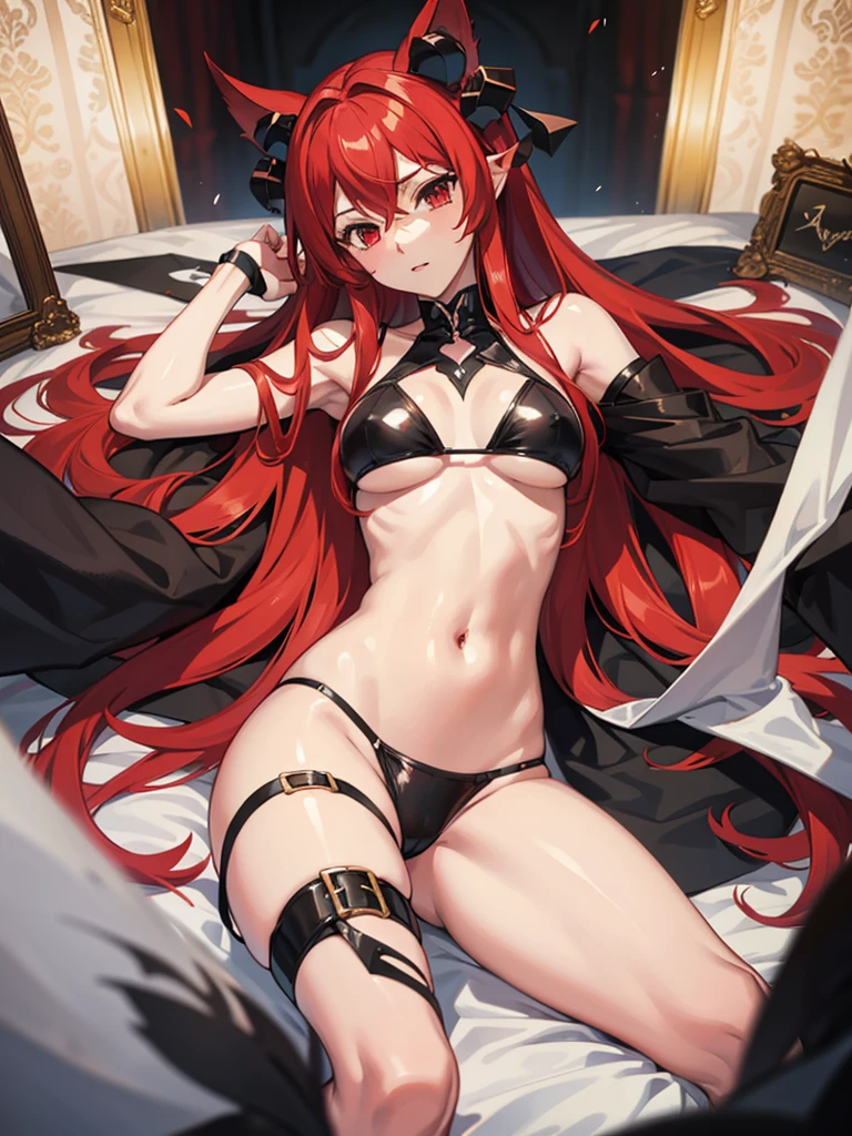 Rias gremmory(anime dxd) in black bikini lying on a white bed looking at the camera