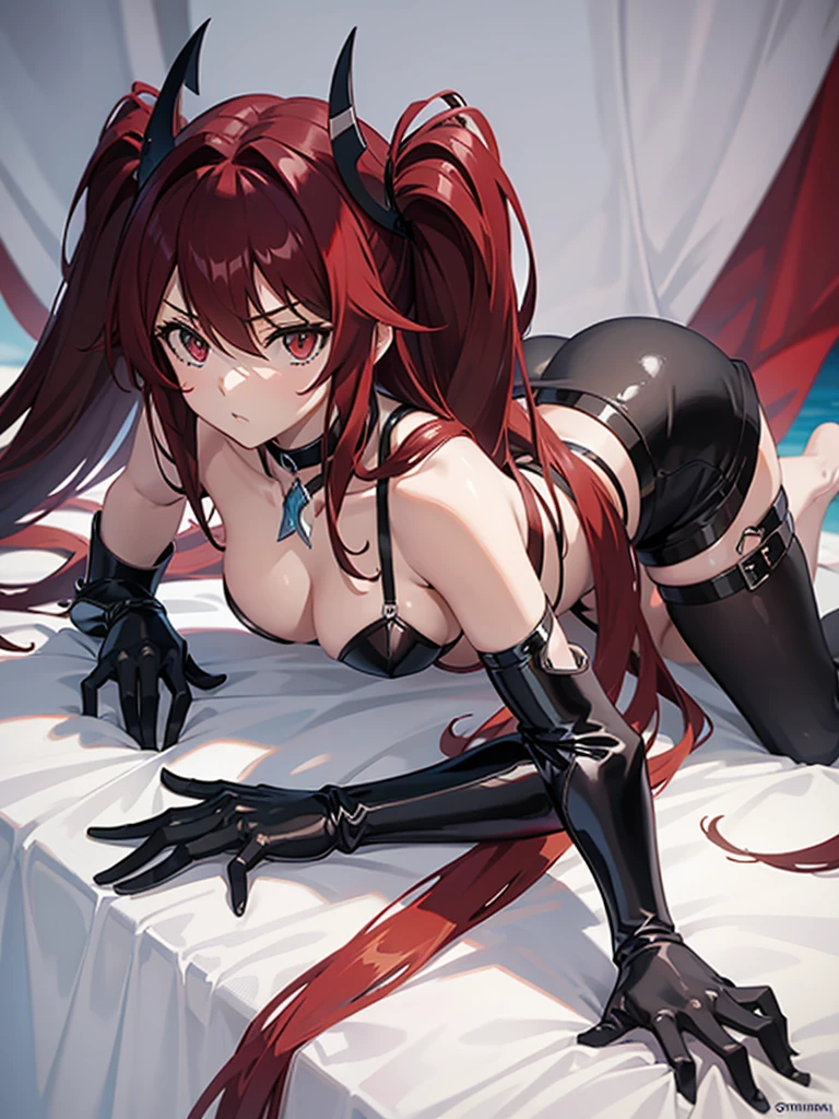 Rias gremmory(anime dxd) in black bikini lying on a white bed looking at the camera 