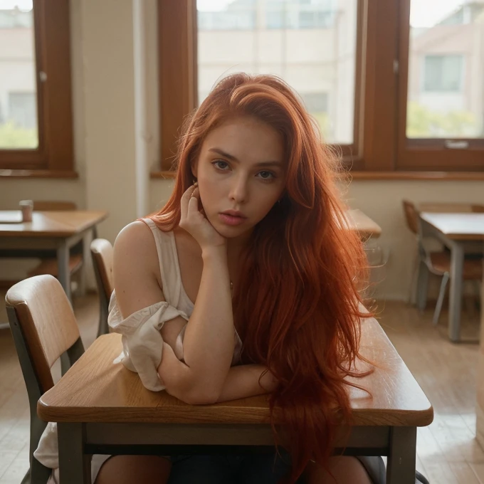 sitting at a table with red hair, Sexy photo of a very young sexy woman ************, with bright red tousled hair, a bit like Scarlett Johansson, juicy figure, big breasts, wonderful big eyes and full lips, at school , In the classroom context,  Attire, She is angry, annoyed, sits at the table