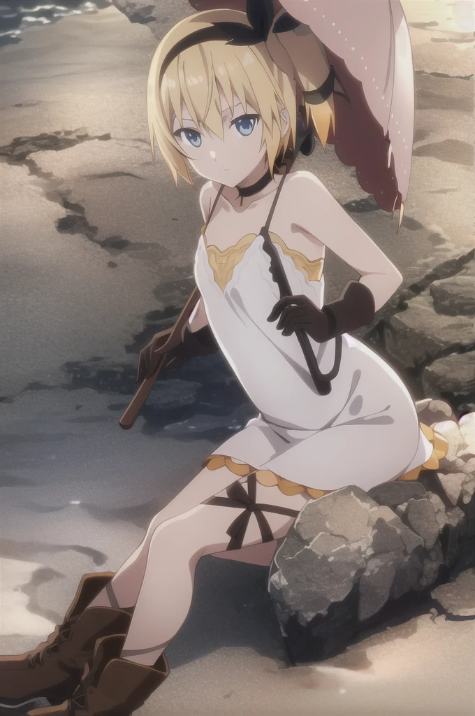 ((masterpiece)),((Highest quality)),Very detailed,Raising awareness,Explicit,beautiful body,beautiful Nose,beautiful character design,Perfect Eyes,Perfect Face,wallpaper,Ultra-high resolution,4K,photograph,(beautiful,Small breasts:1.2),(beautiful顔:1.2),beautiful足,Perfect Legs,Shiny skin,Official Style,Browsing Caution,Official Art,Create a screen capture,Anime Coloring,
One Girl,alone,umbrella,blonde,short hair,choker,Side Ponytail,ribbon,blue eyes,black choker,gloves,leg ribbon,片手gloves,hair band,whole body,hair ribbon,dress,View your viewers,tress ribbon,boots,Are standing,white dress,skirt,clavicle,Beach,Outdoor,Day,