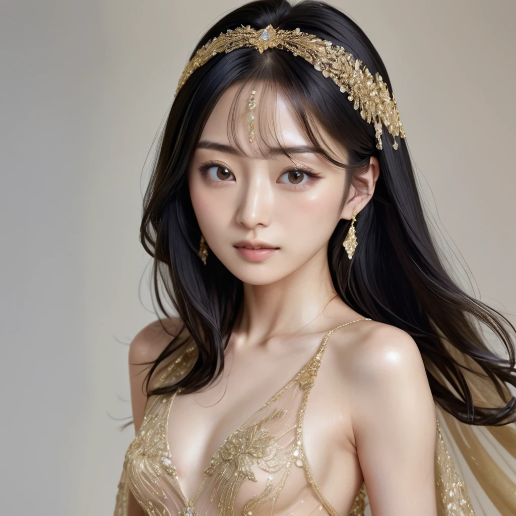 ((Highest quality)), ((masterpiece)), (detailed), （Perfect Face）、The woman is Satomi Ishihara, with medium-long black hair, luxurious embroidery and edging, and is wearing a shiny, luxurious, gold, long-slit see-through dress that allows her skin to show through, a gold see-through cape, and a gold see-through veil. She has a luxurious jeweled hair accessory, a jeweled head chain, a jeweled waist chain, a luxurious necklace, bracelets, ankle bracelets, jeweled earrings, shiny gold boots, and an engagement ring.、She is in a sexy pose with her legs slightly apart and her arms behind her head.