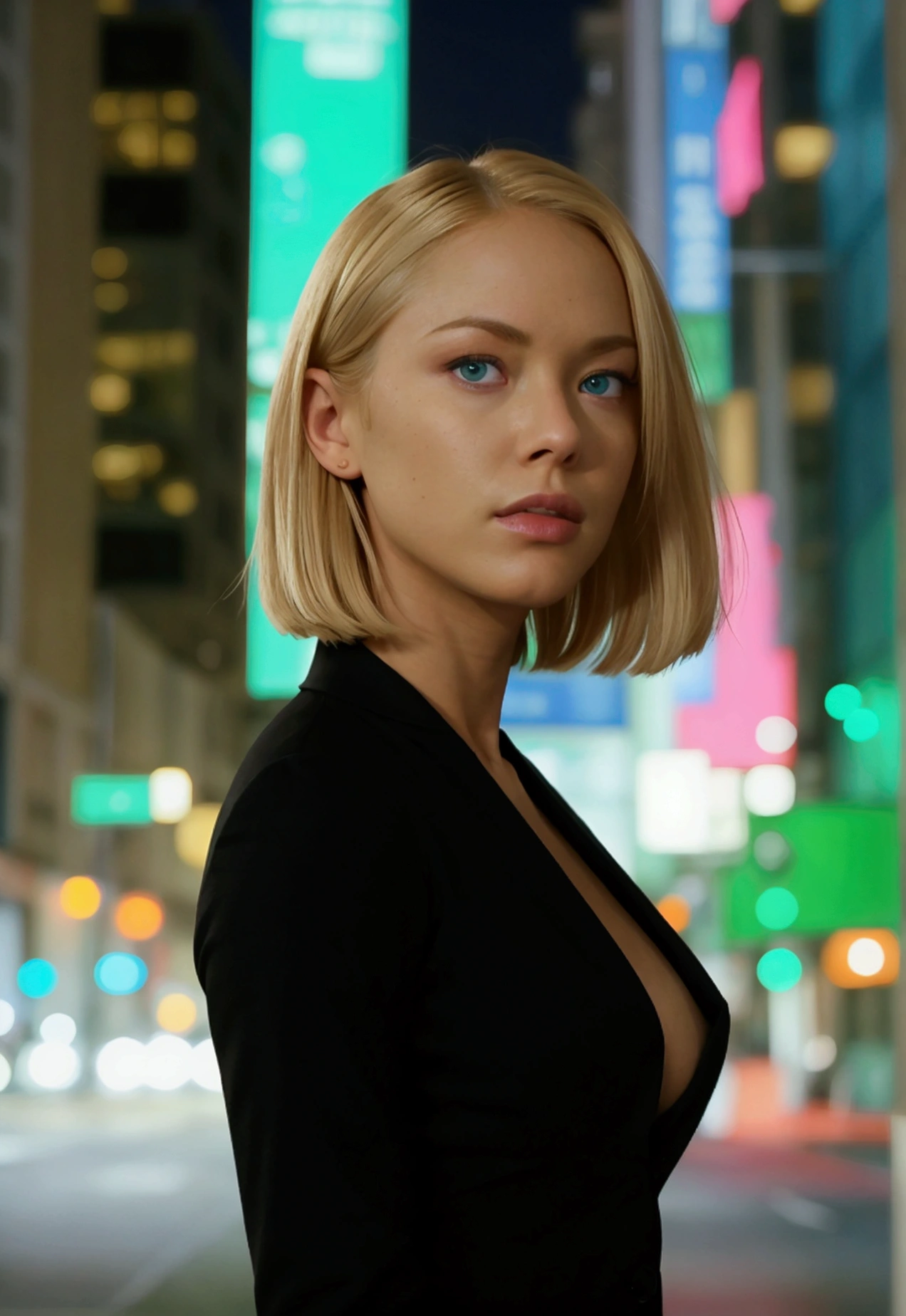 ((full body focus)),((full nude)),(1woman),blonde,(office hairstyle),front view,stand pose,expressionless,25 years old, beautiful woman,green eyes,small face,(looking at the viewer),slim figure,thin lips,small nose,small eyes,(Slanted Eyes),monolid,Narrow eyes,night time,(in los angeles street),(Standing upright posture),symmetry,kristanna loken face,