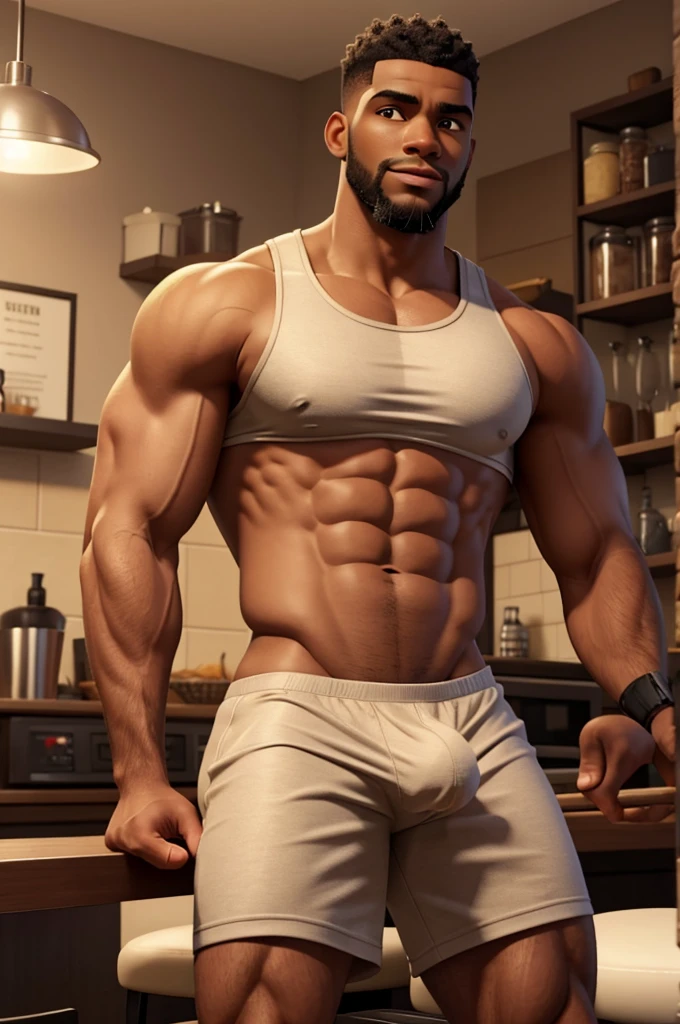 a hot black male, savon jackson, well-trimmed beard, dark skin, buzzcut, early 20s, sitting on bar stool in modern kitchen, beefy body, big juicy jiggly pecs, extremely detailed, realistic, photorealistic, 8k, high quality, cinematic lighting, dramatic shadows, warm color tones, wearing briefs showing off his bulge with a tank top