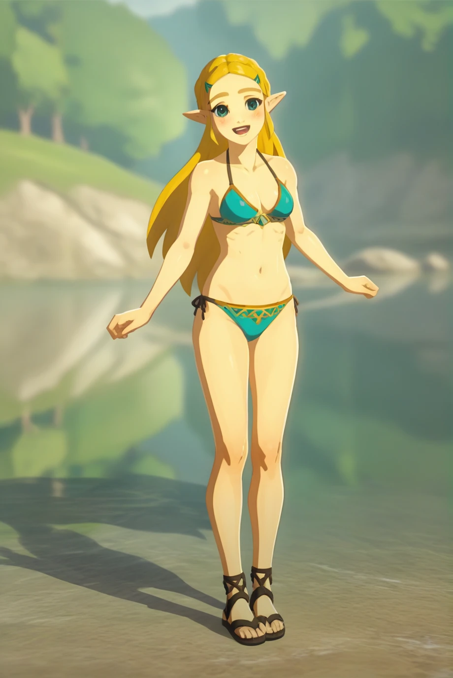 score_9, score_8_up, score_7_up, score_6_up, score_5_up, score_4_up, BREAK source_anime, 1girl, solo, ChopioZelda, blonde hair, aqua eyes, pointy ears, looking at viewer, medium breasts, long hair, skin coloured bikini, black sandals, full body, nature, lake, smile, open mouth, happy, blush,