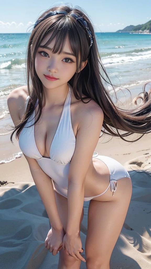 ((Sandy beach with clean sea:1.2, 複数のbeautiful girl達が水着姿を披露:1.3)), (Petite and slender body line)、(Big beautiful breasts:1.2, Fascinating cleavage:1.3、Beautifully shaped side boob)、Thin thighs、(sexy Charming small beautiful butt:1.2), (Narrow waist), (Detailed eyes and face:1.2, Professional photography techniques)、(Perfect Anatomy)、(Gaze at the viewer、beautiful girl、:1.5、Cute Smile、blush:1.2)、(Highest quality、Highest quality、Masterpiece、Ultra high definition、Reality:1.3)、(Detailed hands:1:1, Anatomically correct hand:1.1、Beautiful little hands of a girl:1.3)、(Bold Pose)、(Smooth, straight, beautiful hair、Hair blowing in the wind:1.3)、(Uniquely designed swimsuit:1.3)、Sexy side bangs、((Pose with a slouch))