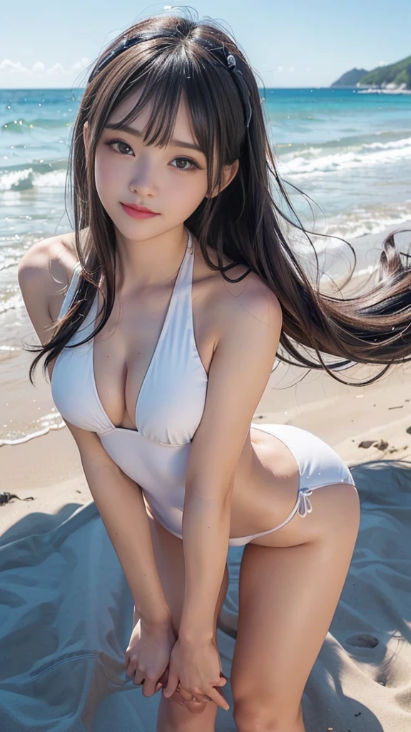 ((Sandy beach with clean sea:1.2, 複数のbeautiful girl達が水着姿を披露:1.3)), (Petite and slender body line)、(Big beautiful breasts:1.2, Fascinating cleavage:1.3、Beautifully shaped side boob)、Thin thighs、(sexy Charming small beautiful butt:1.2), (Narrow waist), (Detailed eyes and face:1.2, Professional photography techniques)、(Perfect Anatomy)、(Gaze at the viewer、beautiful girl、Baby Face:1.5、Cute Smile、blush:1.2)、(Highest quality、Highest quality、Masterpiece、Ultra high definition、Reality:1.3)、(Detailed hands:1:1, Anatomically correct hand:1.1、Beautiful little hands of a girl:1.3)、(Bold Pose)、(Smooth, straight, beautiful hair、Hair blowing in the wind:1.3)、(Uniquely designed swimsuit:1.3)、Sexy side bangs、((Pose with a slouch))