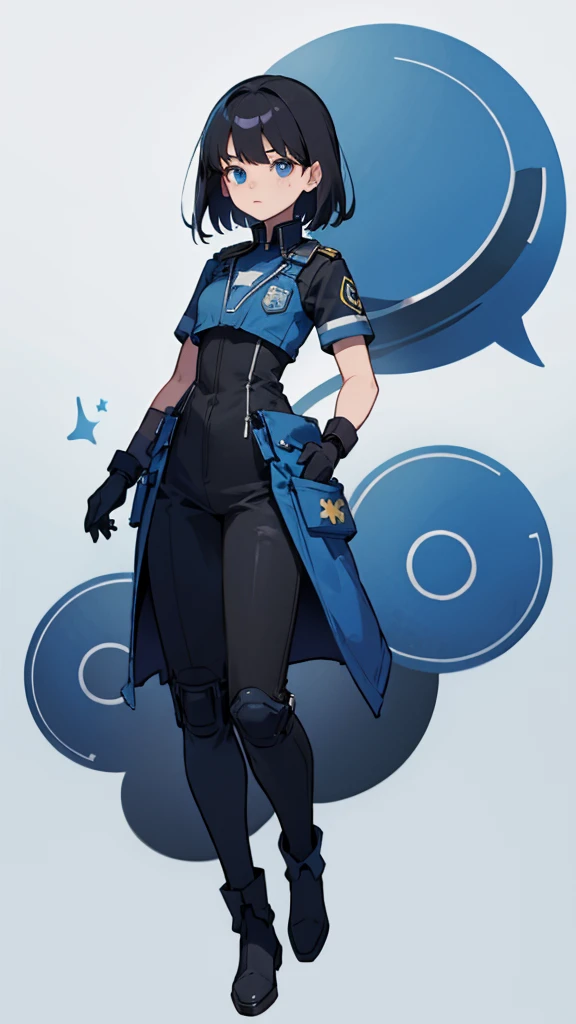 Draw a girl with black hair outfit and blue cop beret full body with a golden landscape