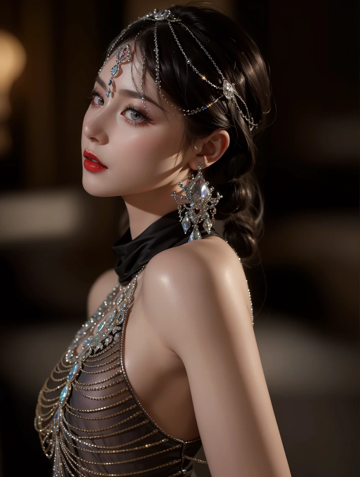 Royal princess，Very detailed, Delicate face, Stock Photography , Portrait 400, F1 Camera Lens.6, Colorful, Surrealism, Realistic textures, Dramatic Lighting, Thin Film Distiller 800 (8K, original photo, Better quality, masterpiece: 1.2), Very detailed, (Extremely delicate skin: 1.2), 8K 超高清, SLR camera, Soft Light, high quality.Fire Queen，Blue pupils，Apply red lipstick，Have a tattoo，The tattoo is very three-dimensional，Gorgeous and intricate tattoo designs，8K Mugshot，Large Breasts，Dark eyeshadow，Sexy thick lips(Red lipstick)，Ice Princess，The facial features are very three-dimensional，Gorgeous and exquisite crystal diamond lace wedding dress，Silver Armor，Exquisite and ornate silver decoration，Universe shining diamond gem，Ultra-clear portrait，Very exquisite and gorgeous jewelry，