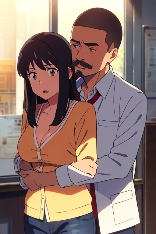 shinkai makoto, kimi no na wa., middle aged man, buzzcut, office suite, wrinkles, mustache, middle aged man touching girl breast,breastgrope from behind, passionate hug, middle aged man is hugging from behind, 1girl, bangs, black hair, brown eyes, open mouth, Twisted Half Up, red ribbon, long hair, long sleeve light yellow cardigan, open shirt, yellow shirt, cleavage, breast, medium breast, Orange shirt, orange jeans, night, indoors, mall, masterpiece, perfect anatomy, cowboyshot, 