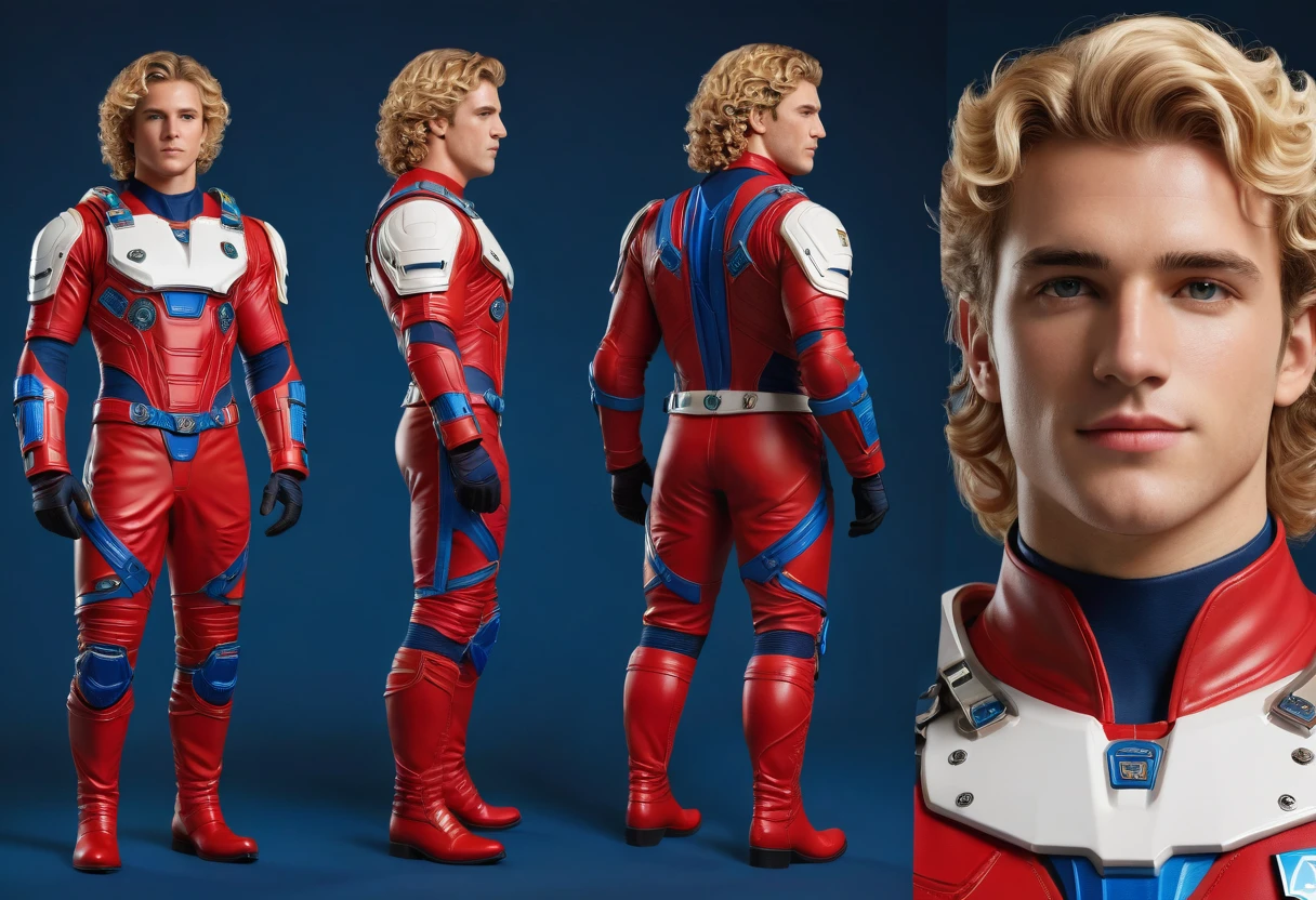 front view, side view, back biew, a dynamic photorealistic ((full-body character sheet)) of a 22years old RYAN DALISH, of north-american origin, fit appearance, well built, blonde curly hairs, chiseled chin, greek demi-god appearance, face like the roman and greek statues, in a red and blue spacesuit with boots, perfect anatomies, detailed faces, detailed skins, detailed eyes and mouths, well aligned teeth, high quality, 4k resolution, photographic, hyperrealistic,