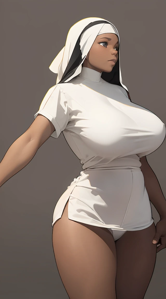 Nun, white clothes, dark skin, dark skinned, breasts big, Giant ass, thick-thighs