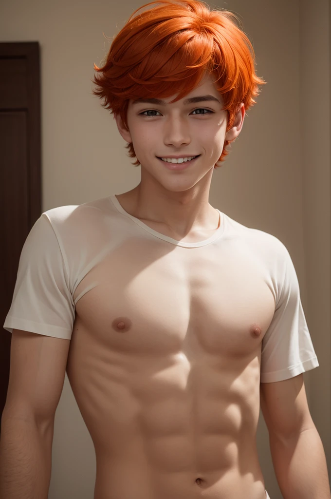 A boy,  male, with a painful smile, orange red hair, delicate features, thick lips, dark shaped eyes, usando uma camisa branca 