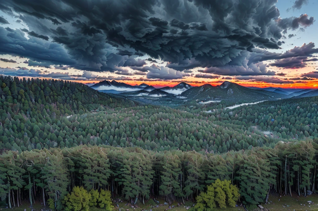 (((Masterpiece))), (high quality), (In the mountains at dusk,The camera is in the forest:1.5),There are lots of big trees around,(It is surrounded by dozens of trees.,ass pov:1.5),(Black clouds cover the sky:1.5),The Storm is Coming,There are large trees all around, and I&#39;m looking up at them.,Realistic