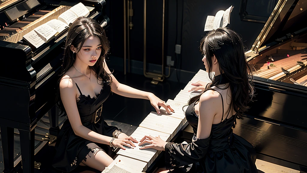 High resolution, (masterpiece:1.4), Very detailed, 20 year old girl, View from above, space, floating, (((Playing the piano)))、(((Black torn dress)))、Serious expression、in the forest、In the fog、Black Hair