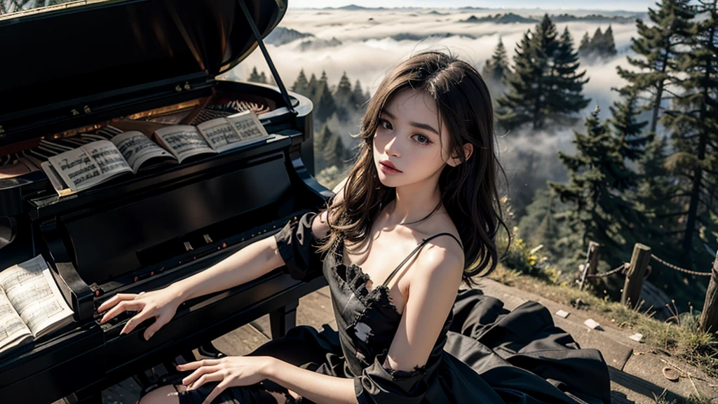 High resolution, (masterpiece:1.4), Very detailed, 20 year old girl, View from above, space, floating, (((Playing the piano)))、(((Black torn dress)))、Serious expression、in the forest、In the fog、Black Hair