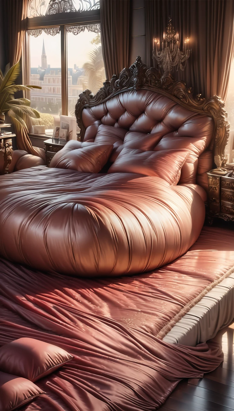 a luxurious and gigantic silk bed, many huge silk body pillows, giant silk feather duvet, (best quality,4k,8k,highres,masterpiece:1.2),ultra-detailed,(realistic,photorealistic,photo-realistic:1.37),extremely detailed silk fabric, plush and soft silk textures, golden accents, warm lighting, dramatic shadows, luxury bedroom interior, ornate headboard, silk sheets, silk pillowcases, lush and opulent, elegant and regal, intricate details, rich colors, sophisticated style