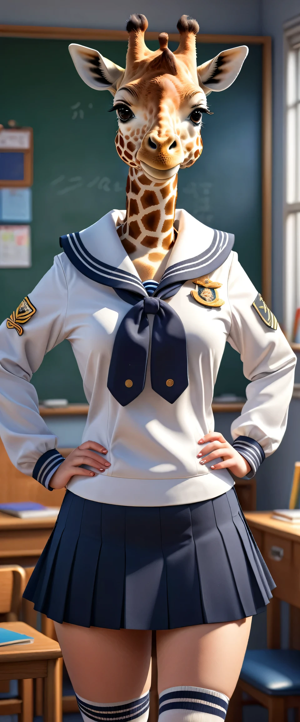 photorealistic portrait of Dressed animals-a ((fat)) ((giraffe)) student,(furry), (elegant pose:1.5), (hands on hips:1.5),(smile:1.5),high quality,(),(lovely) ,intricate details, Wearing Japanese sailor uniform , (short skirt), highly detailed ((female sailor uniform)) ,highly detailed clothes, high sox , (happy), soft lighting,(full body image:2.0),in classroom background,clouds,score_9, score_8_up, score_7_up, score_6_up, score_5_up, score_4_up,