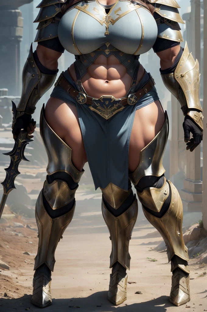 (Best lighting) , (Very intricate details) , 4K Integration, (Super fine CG: 1.2) , (8K: 1.2),(original), (masterpiece) , (Highest quality),(masterpiece:1.4),((Full images))、Photo quality,(masterpiece),masterpiece, Highest quality, Absurd,((Masterpiece, 4K, 8K, High resolution)),(masterpiece), (Highest quality), (Super detailed), (Very delicate and beautiful), ((Full body image 1:1.5)), 1 female, ((solo woman image)), The face of a 40-year-old Western woman、A beautiful, well-balanced face、 ((A woman with a muscular body like a male bodybuilder)),((Huge muscular physique))、((A giant woman, 18 metres tall))、Giants Women、((Beautiful woman)),((Woman warrior)),45 year old mature woman, Wearing Valkyrie Metal Armor、((Metal armor that resembles a thick chest and abdominal muscles))、((Metal armor covering the upper body))、mini skirt、Valkyrie's Helmet、Very strong legs、((Long boots with pin heels))、((kneehigh boots))、Wields a large spear as long as his height、A large spear longer than a person's height、Medieval streetscape,Armed Queen's Attire,((The Queen's Appearance))、The majesty of the queen、((The Strongest Queen of Mankind))、(Huge muscular physique),((Protruding veins))、((A woman with a toned chest like a male bodybuilder))、Raised trapezius muscle、very thick neck、((Strong arms with bulging biceps))、A muscular chest、Six-pack、((Thick thighs with bulging muscles))、Exposed thighs、((Bicep-like calf muscles))、Overflowing with incredible strength、Muscles bulging out from under the force of force all over the body、Black Hair、ponytail、A commanding presence,Poses that show off their monstrous power,Model standing、Standing with dignity、Vibrant colors,Down to the smallest thread,Impressive level textures,Sharp focus