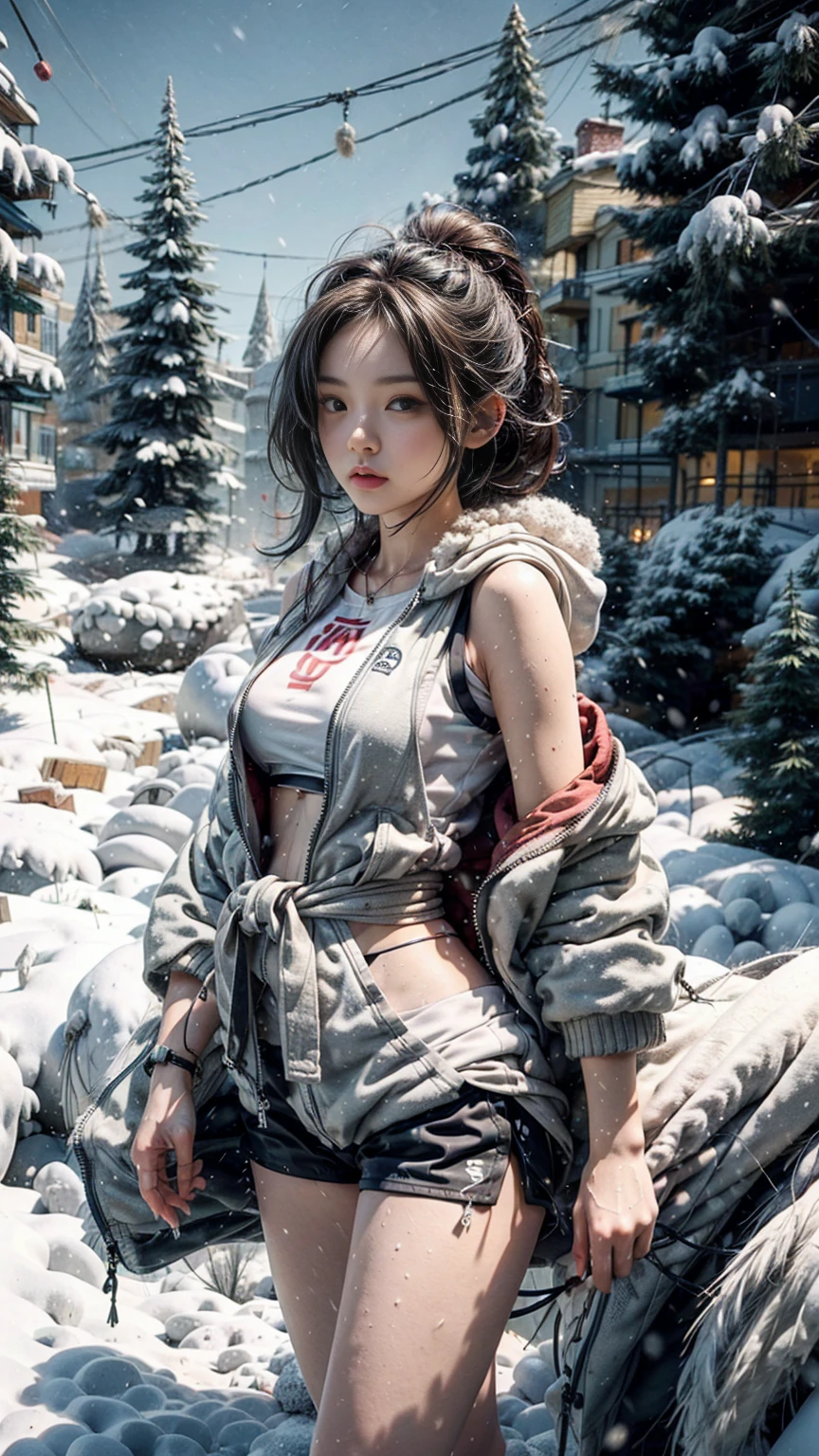 best qualtiy，tmasterpiece，超高分辨率，19-year-old girl，Slim figure，Farsighted distance，slender figures，with fair skin，Very white skin，Very long hair，White down jacket，choker necklace，snow mountains，wooden cabin，（Fidelity：1.4），RAW photogr，1girll，（The upper part of the body：1.5），Bigchest (D)