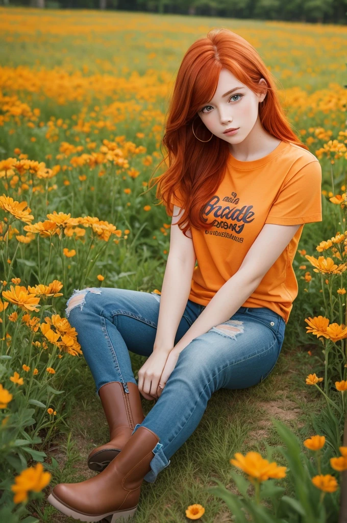 Redhead girl sitting on grass and flower field orange shirt jeans and brown boots beautiful 2D style