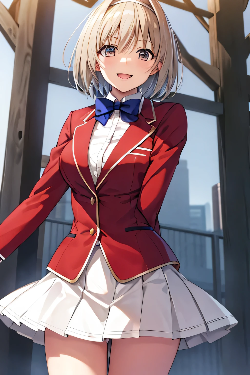 masterpiece, Highest quality, High resolution, Akio, short hair, Hair Intake, White hair band, Blue bow tie, Collared shirt, blazer, Red jacket, Long sleeve, White Skirt, Pleated skirt, Black socks, Cowboy Shot, Are standing, Outdoor, straight, Place your arms at your sides, smile, Open your mouth,