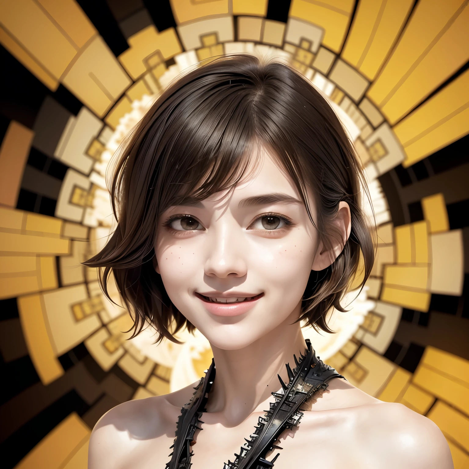 256 19-year-old female, (short hair),(Abstract background,Fractal Art:1.46), smile