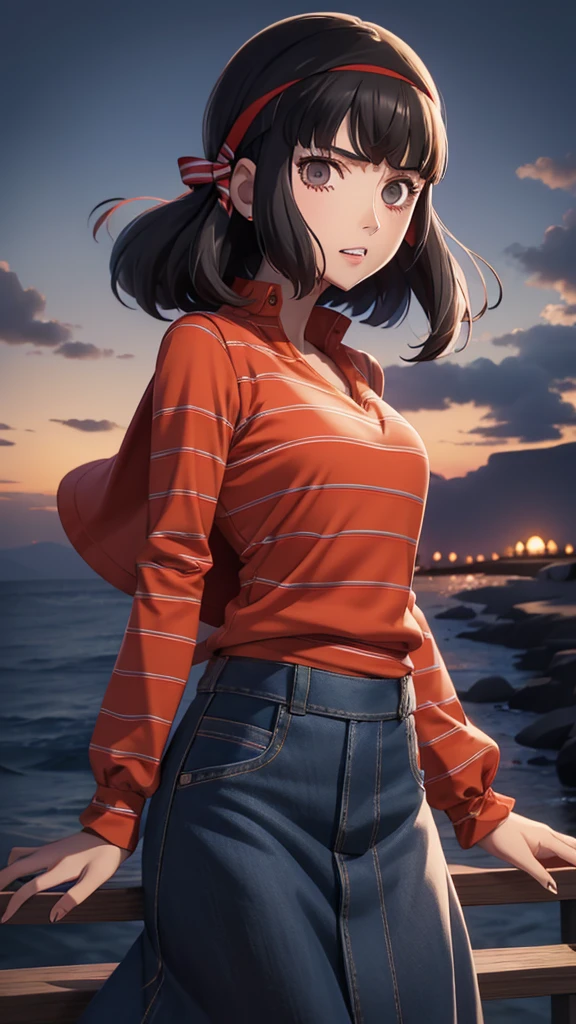 colettedef, sharp teeth, hair over one eye, hairband, blue shirt, long sleeves, red vest, pants,striped shirt, long sleeves, skirt, denim skirt, dsfutaba