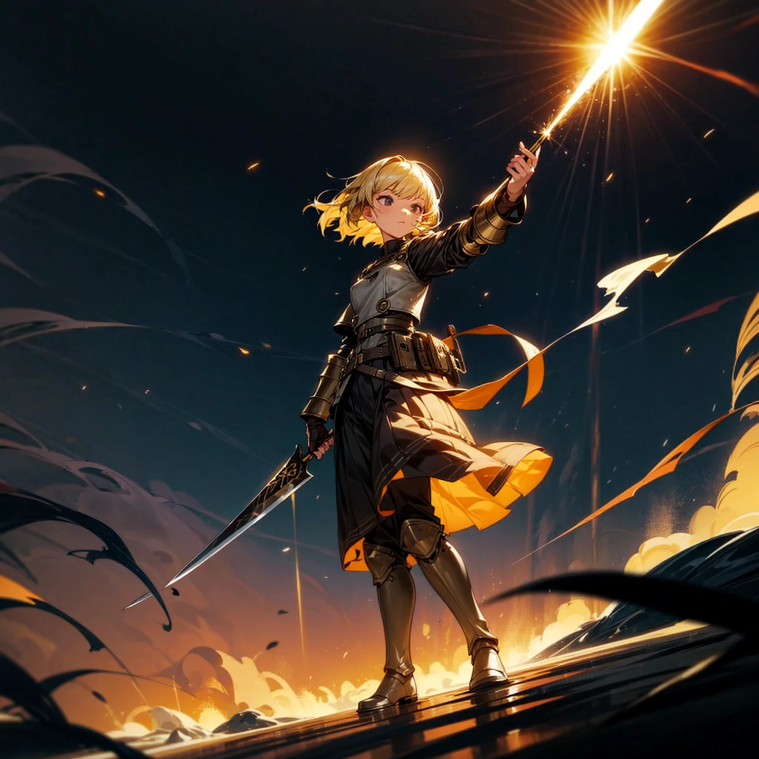 1girl, Full body version, 1character, girl version, black eyes color, bob Curly haircut, blonde colour hair, army style clothing, long skirt, long boots, iron armor, gold knife in hand, Grassroots, background in beach, motion blur, (one piece style art), standing gesture, (high angle view) , aura effect, lighting aura, smoke effect, lighting sun, sun, plasma effect, smoke effect, fire, lighting knife