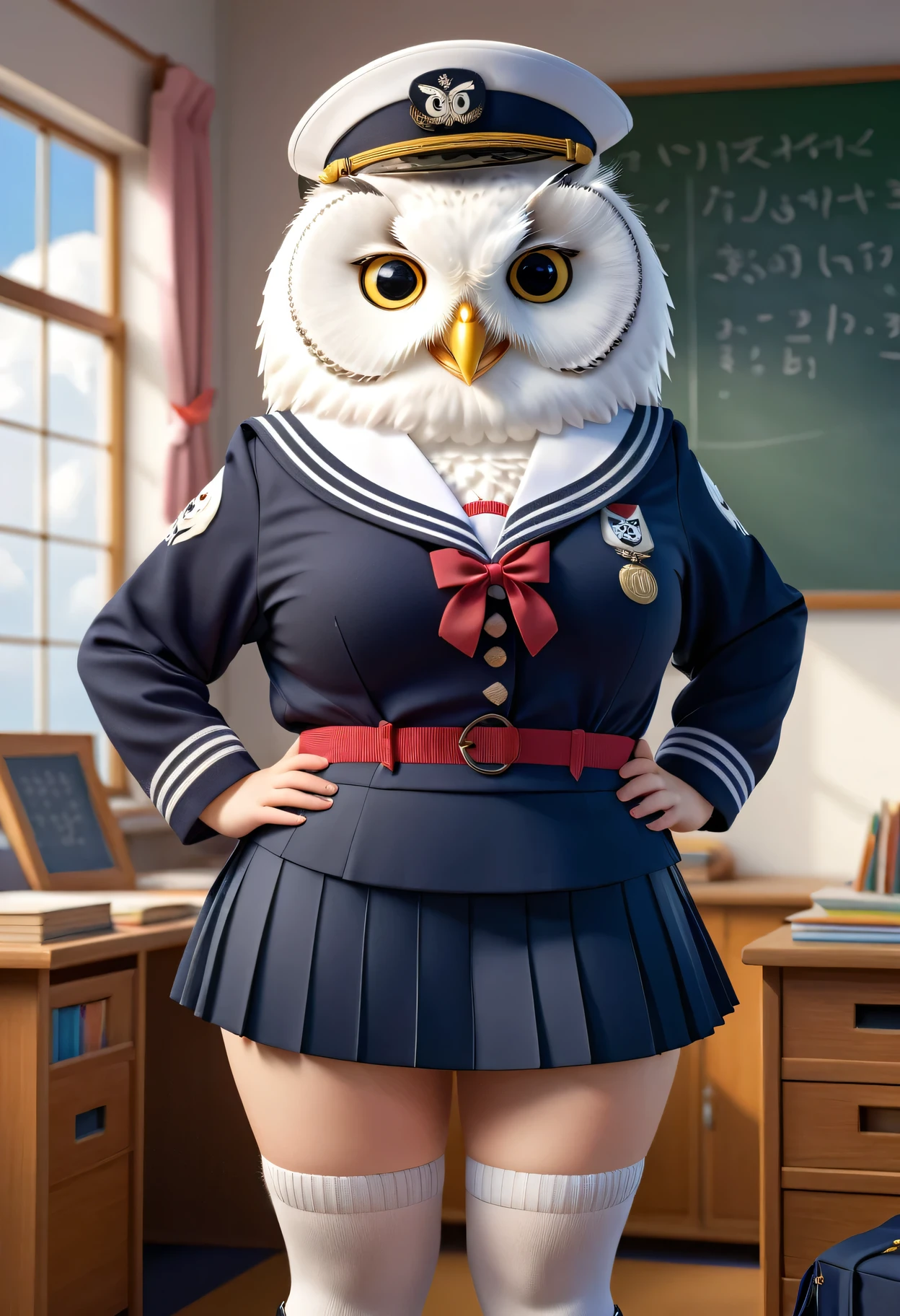  photorealistic portrait of Dressed animals-a ((fat)) ((white owl)) student,(furry), (elegant pose:1.5), (hands on hips:1.5),(smile:1.5),high quality,(),(lovely) ,intricate details, Wearing Japanese sailor uniform , (short skirt), highly detailed ((female sailor  uniform)) ,highly detailed clothes, high sox , (happy), soft lighting,(full body image:2.0),in classroom background,clouds,score_9, score_8_up, score_7_up, score_6_up, score_5_up, score_4_up,