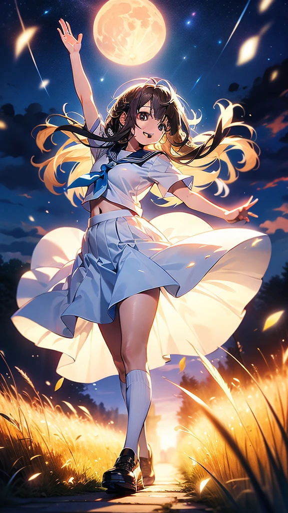 in 8K、top-quality、masterpiece、Ultra-detail、Ultra-high resolution、Anime style、1 High School Girl、Uniforms、Pampas grass steppe、fullmoon、moonlights、Check skirt、Skirt flipping in the wind、dance、A delightful、perspiring