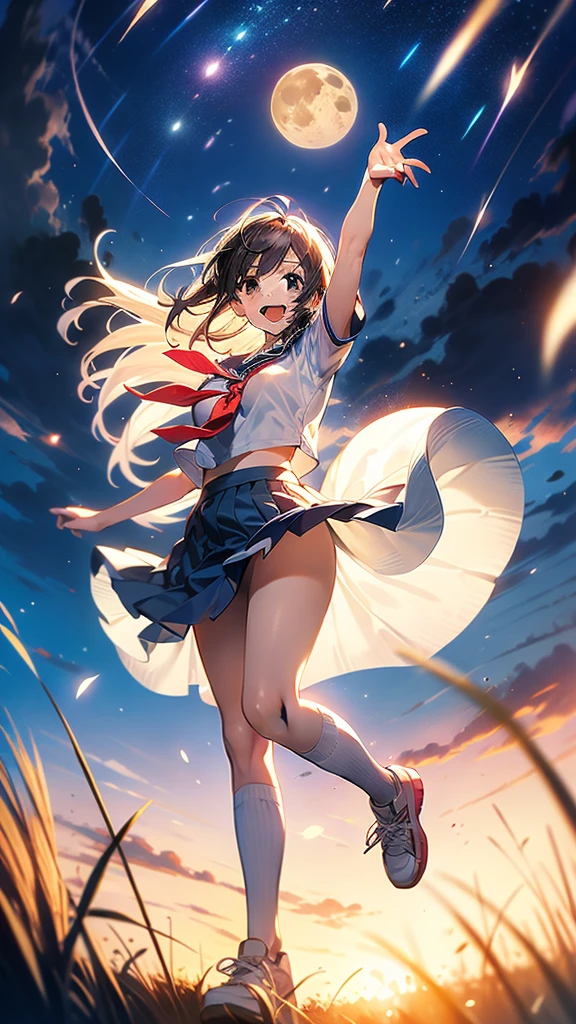 in 8K、top-quality、masterpiece、Ultra-detail、Ultra-high resolution、Anime style、1 High School Girl、Uniforms、Pampas grass steppe、fullmoon、moonlights、Check skirt、Skirt flipping in the wind、dance、A delightful、perspiring