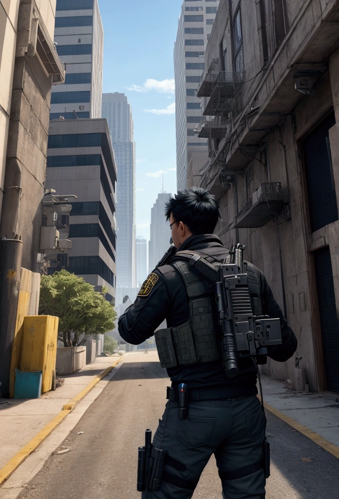 arafed view of a gun in a game with a building in the background, a screenshot by Okada Beisanjin, trending on cg society, realism, gameplay screenshot with ui, in - game, in-game, fps view, in game, ingame shot, first person shooter game hud, fps game, gameplay, on realistic hud, ingame