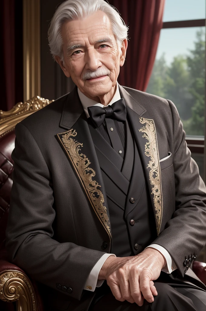 pixarstyle a waist-length portrait of an elderly man in formal clothes, ssmile, natural skin texture, textures 4k, hdr, intricate, highy detailed, sharp focus, cinematic appearance, 超detailded