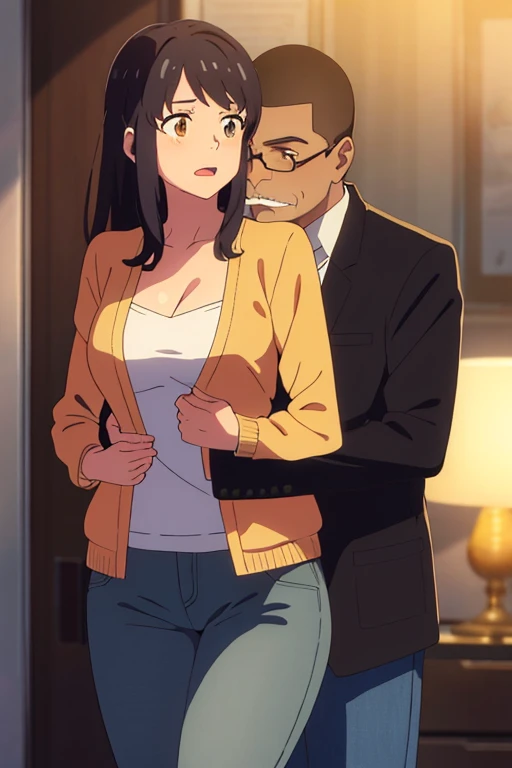 shinkai makoto, kimi no na wa., 1middle age man, wrinkle face, black hair,bangs swept to the right side, office suit, middle aged man caressing girl's body, kiss cheeks, passionate hug, boy is hugging from behind, chestgrope from behind, middle aged man is touchig girl's chest, hold chest, 1girl, nude, bangs, black hair, brown eyes, Twisted Half Up Hair, red ribbon, long hair, nipples, medium breast, storage room, indoors, masterpiece, perfect anatomy, cowboyshot