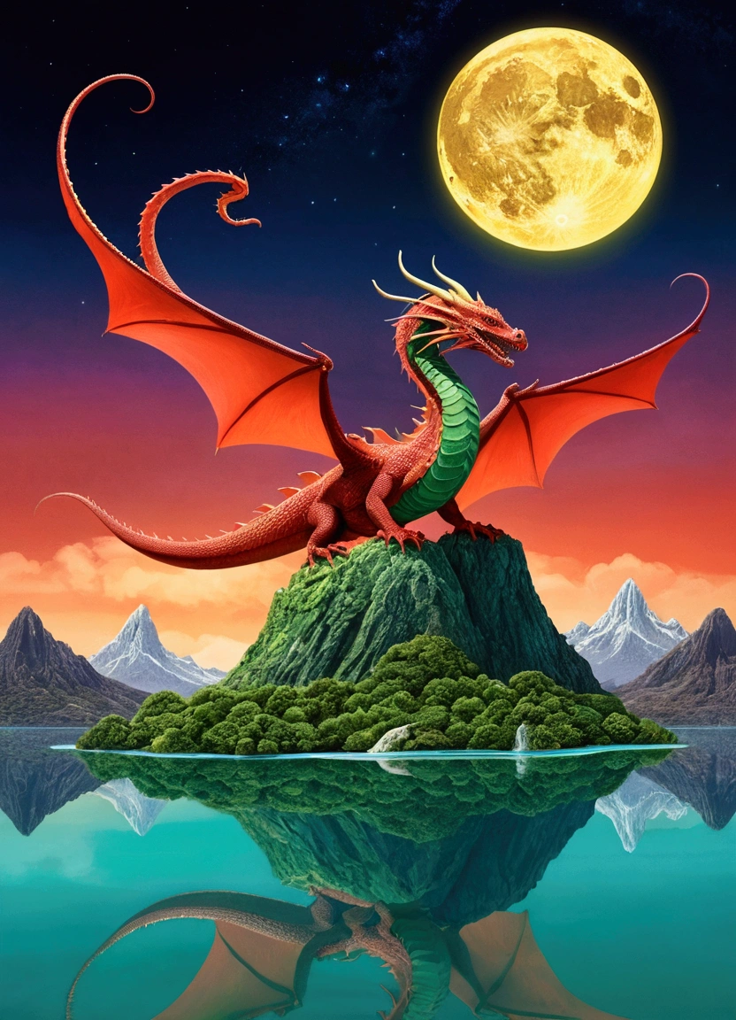 there is a cartoon of a dragon flying over a mountain, rendering, inspired by Roger Dean, colorful illustration, serpent, Which of Caríbdis, digital painting of greek myth, serpent do mare, inspired by Philipp Veit, hidra, Pintura digital de Quetzalcoatl, inspired by Nassos Daphnis, greek fantasy landscape, paisagem lovecraftiana, uma serpent verde e outra vermelha formando o infinito, the sun and moon in every corner, the sea forms a reflecting pool.