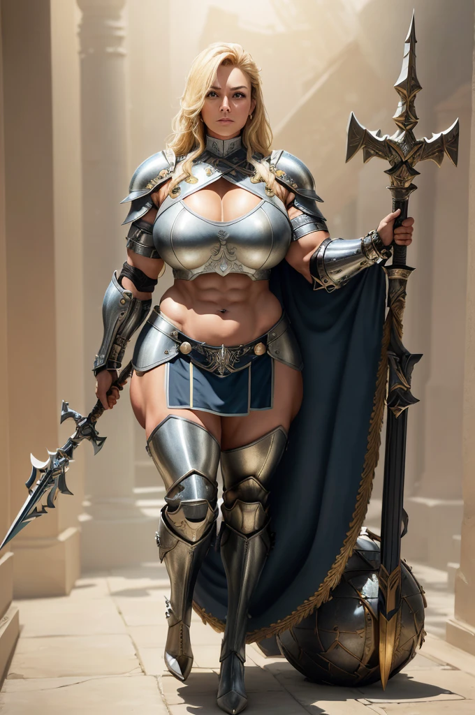 (Best lighting) , (Very intricate details) , 4K Integration, (Super fine CG: 1.2) , (8K: 1.2),(original), (masterpiece) , (Highest quality),(masterpiece:1.4),((Full images))、Photo quality,(masterpiece),masterpiece, Highest quality, Absurd,((Masterpiece, 4K, 8K, High resolution)),(masterpiece), (Highest quality), (Super detailed), (Very delicate and beautiful), ((Full body image 1:1.5)), 1 female, ((solo woman image)), The face of a 40-year-old Western woman、A beautiful, well-balanced face、 ((A woman with a muscular body like a male bodybuilder)),((Huge muscular physique))、((A giant woman, 18 metres tall))、Giants Women、((Beautiful woman)),((Woman warrior)),45 year old mature woman, Wearing Valkyrie Metal Armor、((Metal armor that resembles a thick chest and abdominal muscles))、((Metal armor covering the upper body))、mini skirt、Valkyrie's Helmet、Very strong legs、((Long boots with pin heels))、((kneehigh boots))、Wields a large spear as long as his height、A large spear longer than a person's height、Medieval streetscape,Armed Queen's Attire,((The Queen's Appearance))、The majesty of the queen、((The Strongest Queen of Mankind))、(Huge muscular physique),((Protruding veins))、((A woman with a toned chest like a male bodybuilder))、Raised trapezius muscle、very thick neck、((Strong arms with bulging biceps))、A muscular chest、Six-pack、((Thick thighs with bulging muscles))、Exposed thighs、((Bicep-like calf muscles))、Overflowing with incredible strength、Muscles bulging out from under the force of force all over the body、Black Hair、ponytail、A commanding presence,Poses that show off their monstrous power,Model standing、Standing with dignity、Vibrant colors,Down to the smallest thread,Impressive level textures,Sharp focus