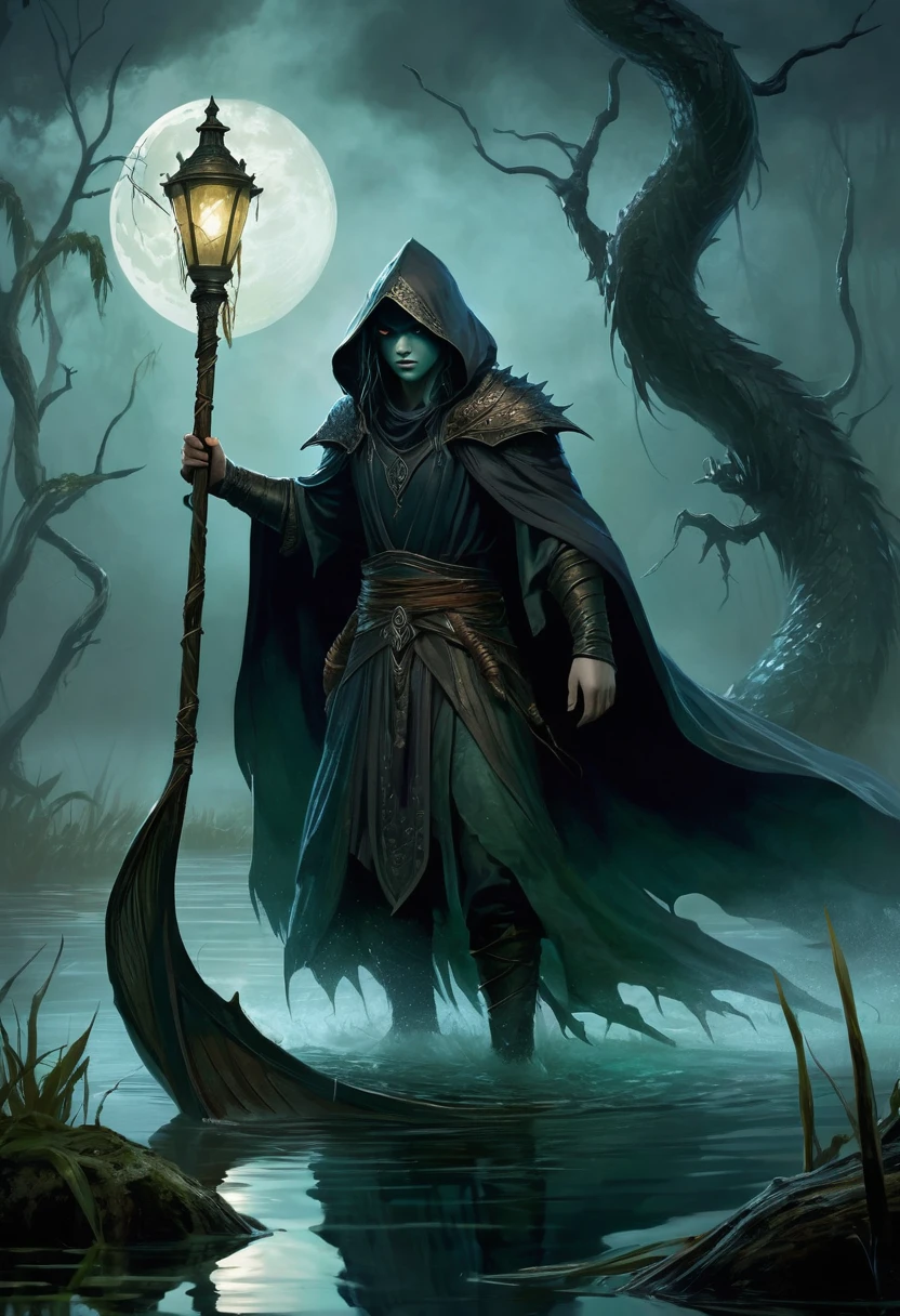 Retrate Kaelith, the Shadowhunter, in a dark and misty swamp, amidst a fierce battle against aquatic monsters. Kaelith must be in a small wooden boat, holding a scared wrapped in his protective cloak. He wields a curved spear, your figure wrapped in a dark cloak, with determined and fierce eyes. Ao redor dele, scaly creatures emerge from the murky waters, her sharp fangs reflecting the dim light of the oil lantern Kaelith carries. The atmosphere must be oppressive and gloomy, with the gnarled vegetation of the swamp and the pale moon barely visible through the dense clouds. The sparkling light of an enchantment spreads in the air, blinding the monsters and creating a dramatic contrast in the scene.
