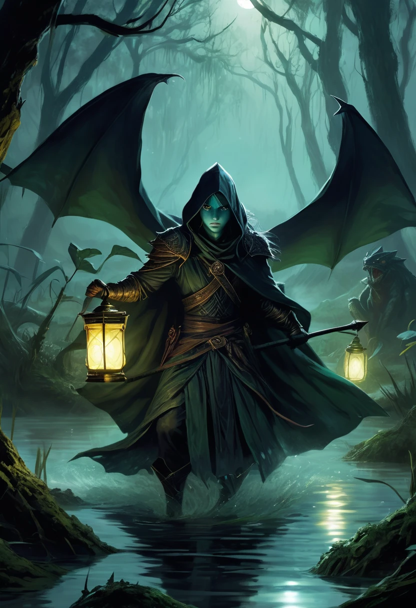

Retrate Kaelith, the Shadowhunter, in a dark and misty swamp, amidst a fierce battle against aquatic monsters. Kaelith must be in a small wooden boat, holding a scared  wrapped in his protective cloak. He wields a curved spear, your figure wrapped in a dark cloak, with determined and fierce eyes. Ao redor dele, scaly creatures emerge from the murky waters, her sharp fangs reflecting the dim light of the oil lantern Kaelith carries. The atmosphere must be oppressive and gloomy, with the gnarled vegetation of the swamp and the pale moon barely visible through the dense clouds. The sparkling light of an enchantment spreads in the air, blinding the monsters and creating a dramatic contrast in the scene.