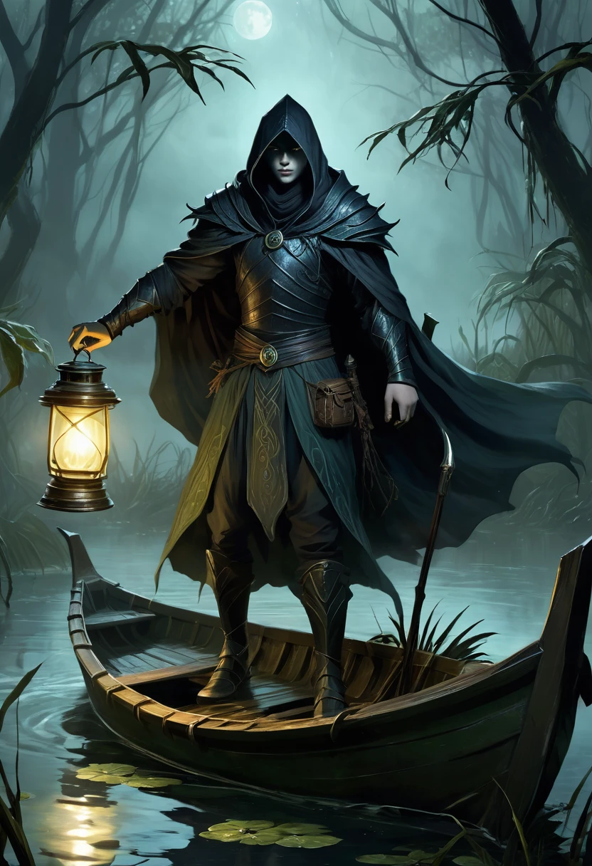 

Retrate Kaelith, the Shadowhunter, in a dark and misty swamp, amidst a fierce battle against aquatic monsters. Kaelith must be in a small wooden boat, holding a scared  wrapped in his protective cloak. He wields a curved spear, your figure wrapped in a dark cloak, with determined and fierce eyes. Ao redor dele, scaly creatures emerge from the murky waters, her sharp fangs reflecting the dim light of the oil lantern Kaelith carries. The atmosphere must be oppressive and gloomy, with the gnarled vegetation of the swamp and the pale moon barely visible through the dense clouds. The sparkling light of an enchantment spreads in the air, blinding the monsters and creating a dramatic contrast in the scene.