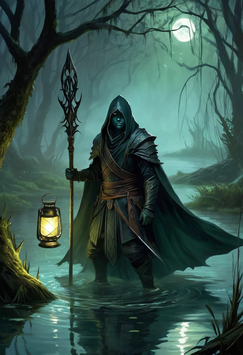 Retrate Kaelith, the Shadowhunter, in a dark and misty swamp, amidst a fierce battle against aquatic monsters. Kaelith must be in a small wooden boat, holding a scared wrapped in his protective cloak. He wields a curved spear, your figure wrapped in a dark cloak, with determined and fierce eyes. Ao redor dele, scaly creatures emerge from the murky waters, her sharp fangs reflecting the dim light of the oil lantern Kaelith carries. The atmosphere must be oppressive and gloomy, with the gnarled vegetation of the swamp and the pale moon barely visible through the dense clouds. The sparkling light of an enchantment spreads in the air, blinding the monsters and creating a dramatic contrast in the scene.