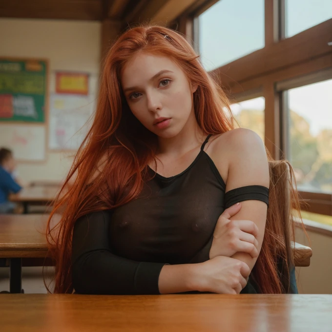 sitting at a table with red hair, Sexy photo of a very young sexy woman , with bright red tousled hair, a bit like Scarlett Johansson, juicy figure, big breasts, wonderful big eyes and full lips, at school , In the classroom context, Attire, She is angry, annoyed, sits at the table