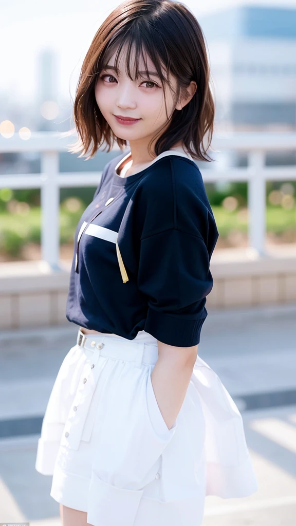 (Skin wounds:1.2), (Skin Dentition), black eye, 1woman, Age 25, (((woman))), alone, Realistic, Highest quality, photoRealistic, masterpiece, 8K, High resolution, alone, Highly detailed face, (Professional Lighting, Bokeh), (Particles of light, Lens flare, Glowing particles:0.6), (Dynamic pose:1.2), Soft lighting, View from above, Fashionable and trendy atmosphere, Japan, street, city, Tokyo, port, ((Daytime)), null, ((Looking at the audience:1)), (Looking into the camera),(Portraiture:0.6), Cowboy Shot, nice, Are standing, Maintain the original face proportions, Broad shoulders, whole body, (Small breasts), (short hair), Brown Hair, Floating Hair, lips, lipstick, seductive smile, Floating Hair, smile, Open_mouth, teeth, (White blouse without sleeves), (Jumper skirt), eyelash, Mole, (Mole under eye:1),