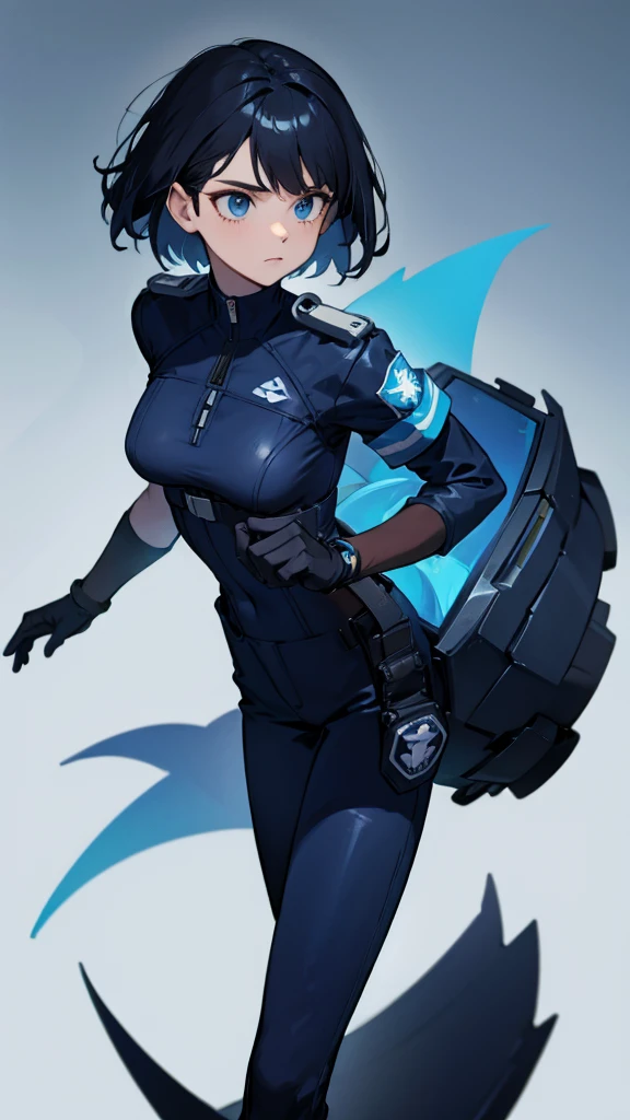 1,An android that resembles a human,Deep blue eyes,Short black hair,Dark blue uniform,Island symbol on chest,Armband on right arm,gloves,Dark blue pants for easy movement,Many side pockets,Black leather boots,badge,White background,whole body,Character portrait,