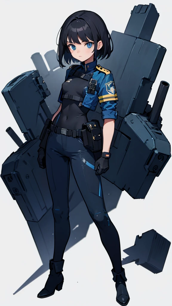 1,An android that resembles a human,Deep blue eyes,Short black hair,Dark blue uniform,Island symbol on chest,Armband on right arm,gloves,Dark blue pants for easy movement,Many side pockets,Black leather boots,badge,White background,whole body,Character portrait,