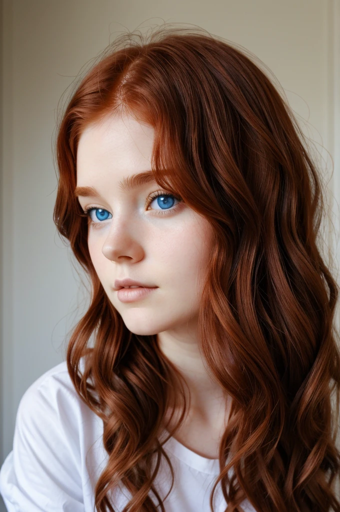 Girl wavy reddish hair, blue eyes white skin