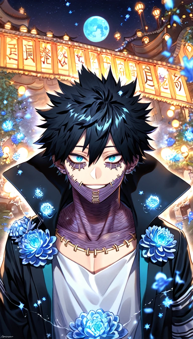 absurdres, highres, ultra detailed, HDR, master piece, best quality, extremely detailed, Dabi, black hair, expressive turquoise eyes, Boku No Hero Academia, solo, sexy man, handsome, smile, sensual, toned chest, bare chest, fantasy, room, sparkling, silver glittering fireflies, silver blossoms, silver chrysanthemums, silver sparkling lights, starry sky, magical