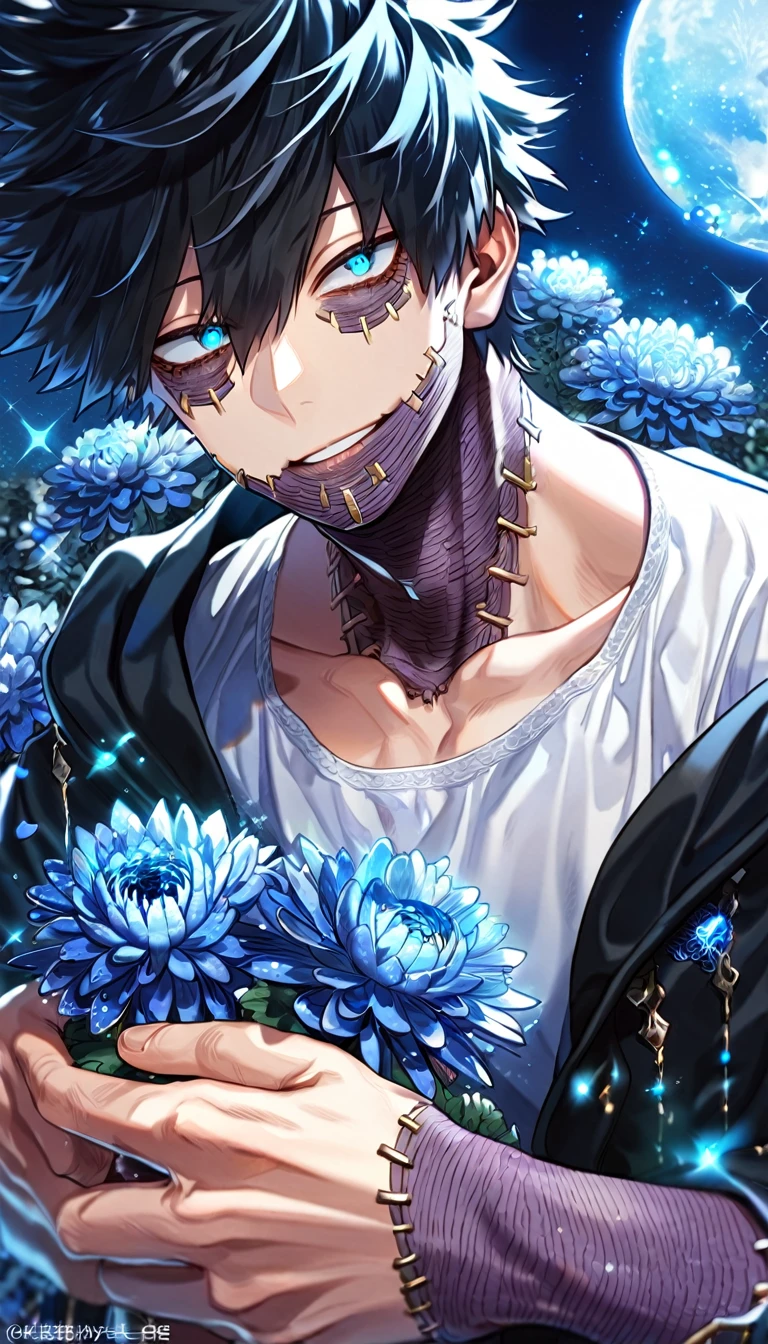 absurdres, highres, ultra detailed, HDR, master piece, best quality, extremely detailed, Dabi, black hair, expressive turquoise eyes, Boku No Hero Academia, solo, sexy man, handsome, smile, black coat, white T-shirt, fantasy, water, sparkling, blue glittering fireflies, blue moon, blue blossoms, blue chrysanthemums, blue sparkling lights, starry sky