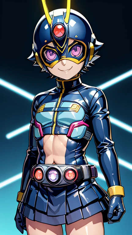 (8k),(masterpiece),(Japanese),(8-year-old girl),((innocent look)),((Childish)),From the front,smile,cute,Innocent,Kind eyes,Flat chest, Himawari Uzumaki,Kamen Rider, dark blue helmet, yellow superhero mask,camisa,no Hair,night,dark, Neon light cyberpunk Konoha village