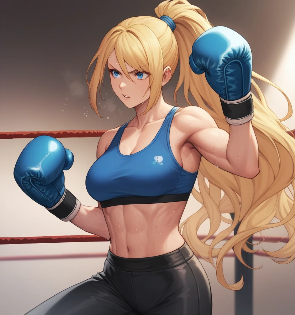 score_9, score_8_up, score_7_up, score_6_up, Detailed Background, BREAK
 Samusaran,1girl, long hair, sports bra,long black pants,boxing stance, sweating,blonde hair, blue eyes, BREAK
Boxing ring, boxing gloves